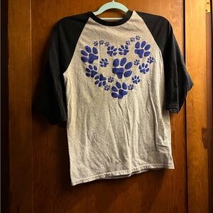 Gildan Black and Gray Short Sleeve Tee with Blue Paw Print Heart